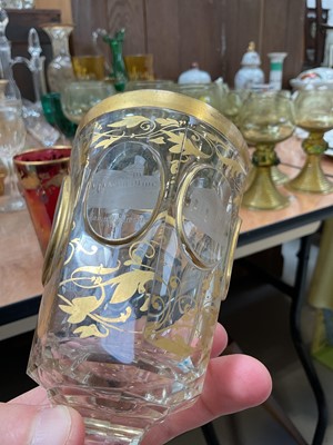 Lot 5094 - Group of antique and later glassware, including a Bohemian cut glass goblet engraved with cameos of German landmarks, collection of roemer glasses, decanters, etc