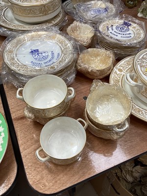 Lot 5097 - Royal Worcester gilt Hyde Park pattern part dinner service, comprising two tureens, gravy boat, soup cups, plates of various size