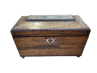 Lot 5100 - 19th century rosewood tea caddy with mother of pearl inlay and beaded edges, the interior with central mixing bowl flanked by two lidded caddies, 30cm wide