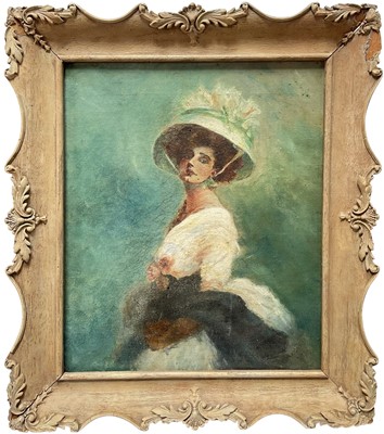 Lot 213 - English School, oil on canvas, Portrait of a woman wearing a white dress and hat, indistinctly signed and dated 1900, 30cm x 25cm, framed
