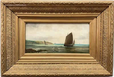 Lot 211 - Manner of W.H.Williamson, oil on board, Fishing boats off the coast, 14cm x 30cm, glazed and framed