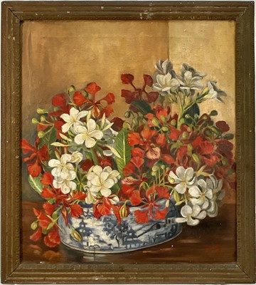 Lot 128 - English School, oil on canvas, Flowers in an Oriental bowl, bearing initials and date 1944, 68cm x 60cm, framed
