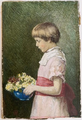 Lot 212 - Early 20th Century English School, watercolour heightened with gouache, Portrait of a young girl holding a bowl of yellow flowers, signed with monogram (lower left),unframed, 21cm x 14cm