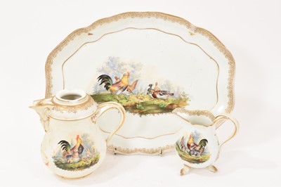 Lot 44 - 19th century Meissen tray, painted with cockerels and a gilt border, with matching coffee pot and milk jug, the tray 36cm wide