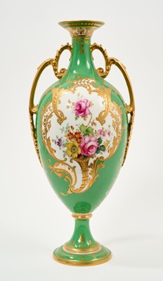 Lot 338 - Royal Crown Derby green ground twin-handled vase, painted by Harris with flowers within scrolled gilt cartouches, signed, stamped and painted marks, 28cm high