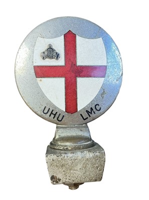 Lot 65 - Scarce vintage chromium and enamel car badge, for thr United Hospitals & University of London Motor Club, featuring a St Georges Cross, above lettering 'UHU LMC', stamped to reverse Collins, London.