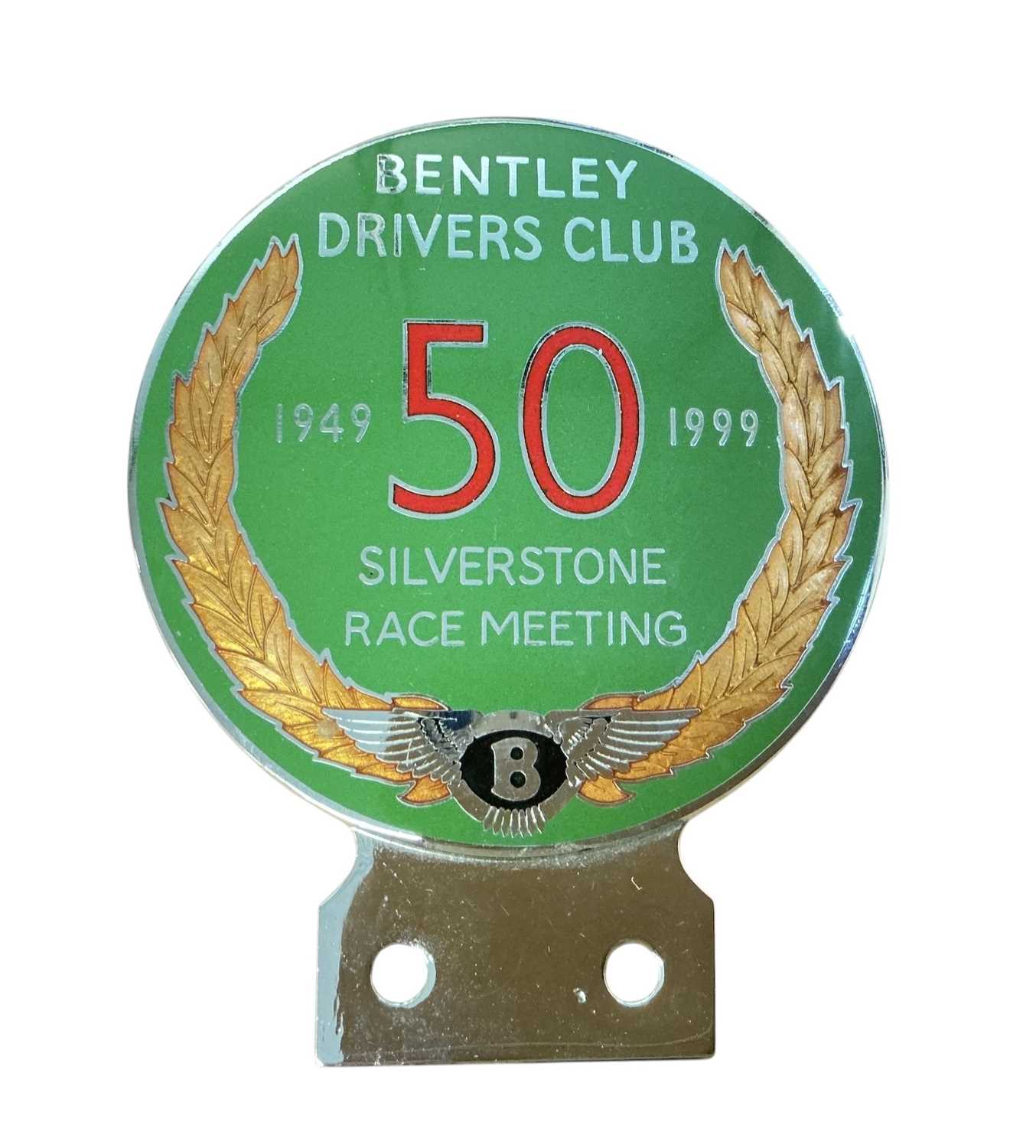 Lot 67 - Chromium and enamel Bentley Drivers Club Silverstone Race Meeting 50th Anniversary car badge, 1949 - 1999, stamped to reverse Gladman & Norman Ltd, Birmingham, with cardboard box