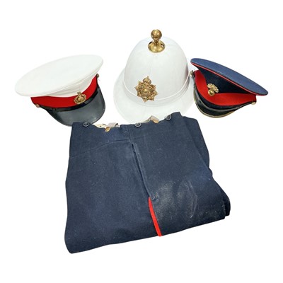 Lot 787 - George VI Royal Marines Bandsman's helmet, together with another Royal Marines hat and other military uniform, (1 box).