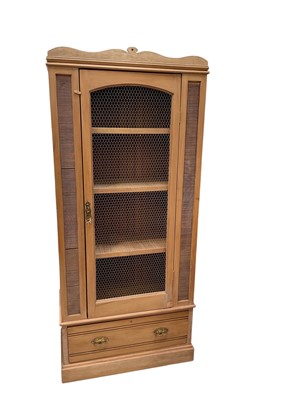 Lot 5324 - Pine cupboard with shelved interior enclosed by mesh door, with single drawer below, 89cm wide, 42.5cm deep, 199cm high