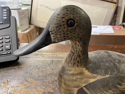 Lot 5037 - Vintage hand carved and painted decoy duck, with lead weight below for stability