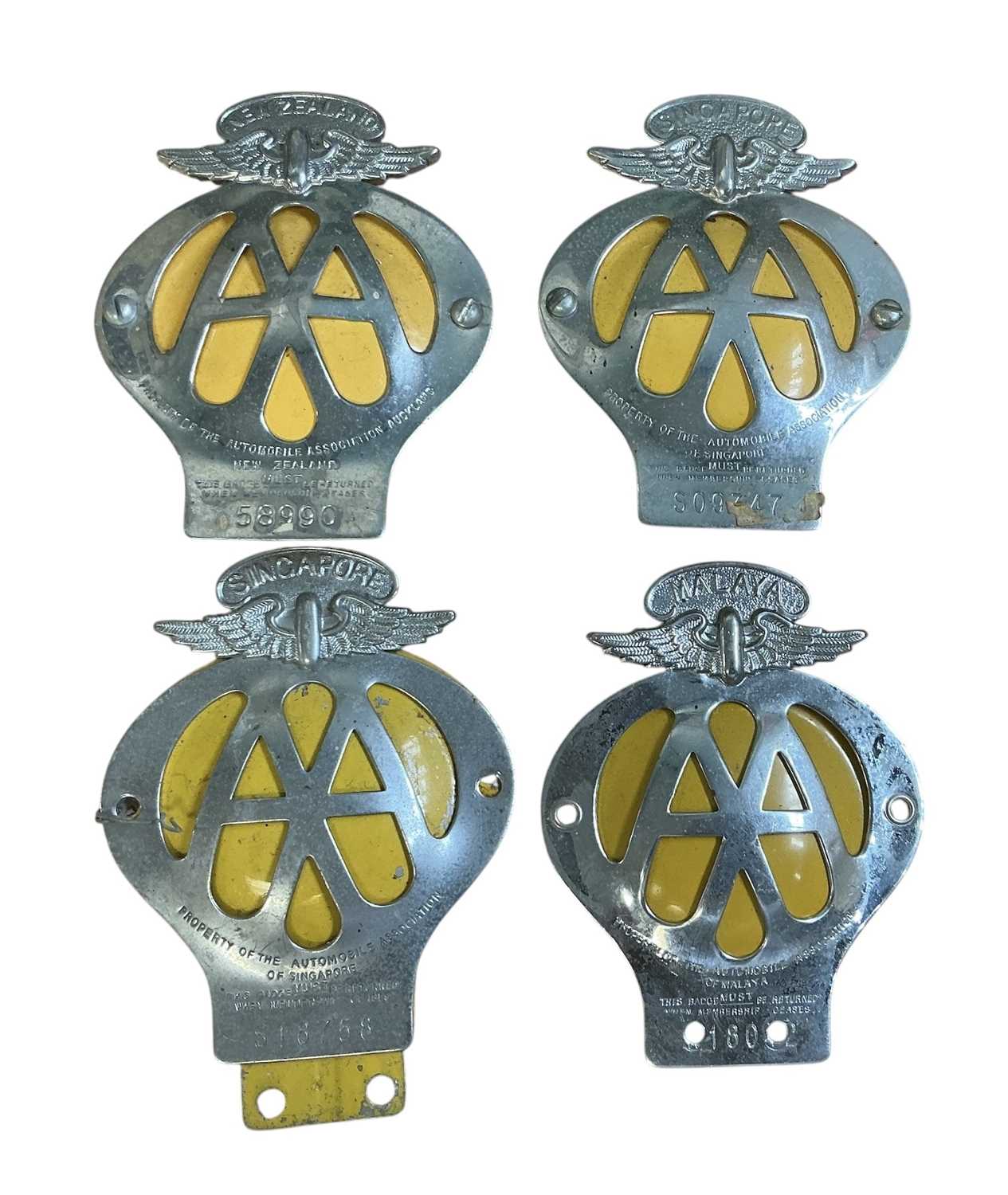 Lot 71 - Group of four Automobile Association (AA) chromium members' car badges for New Zealand, Singapore x2 and Malaya (4)