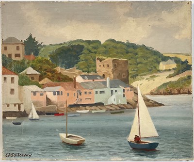Lot 67 - English School, mid 20th century, oil on canvas, boats in harbour, signed C A Solloway, 51cm x 61cm, unframed