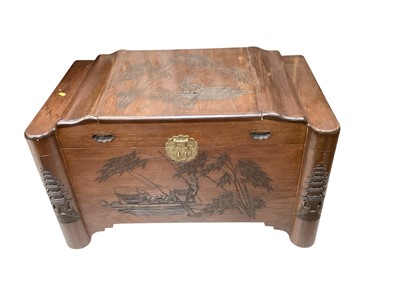 Lot 5342 - Oriental camphor wood blanket box with carved decoration, 100cm wide, 59.5cm deep, 60cm high