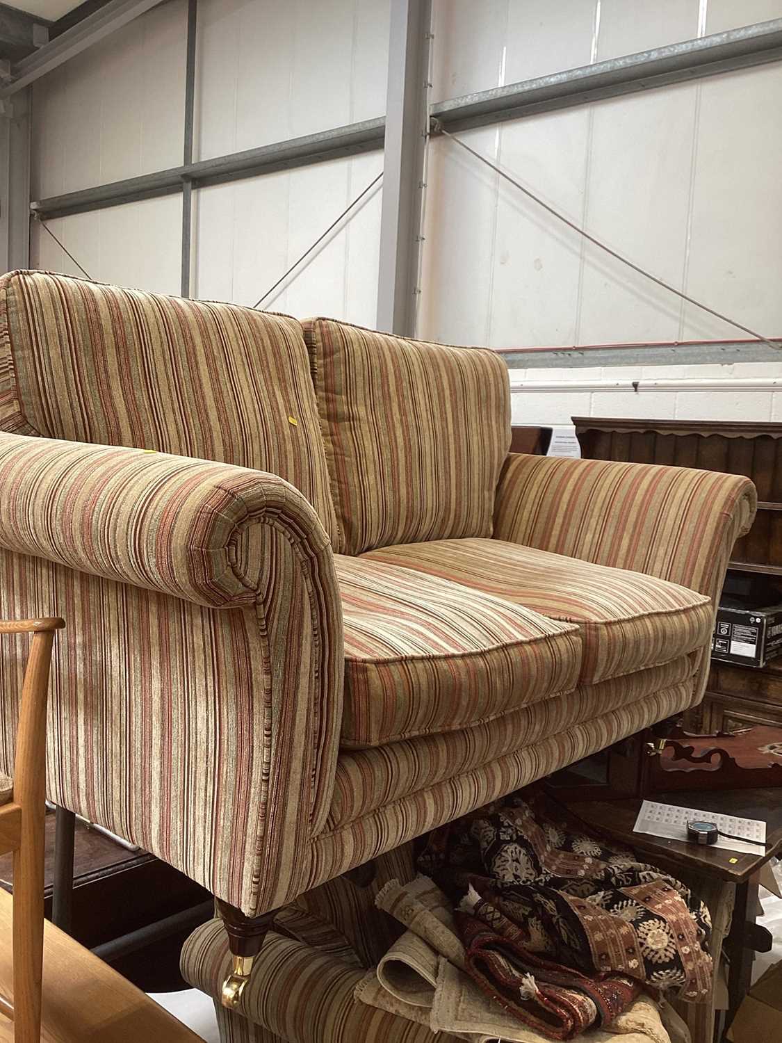 Lot 5345 - Good quality modern two seater settee with striped upholstery, 170cm wide, 92cm deep, together with a matching armchair (2)