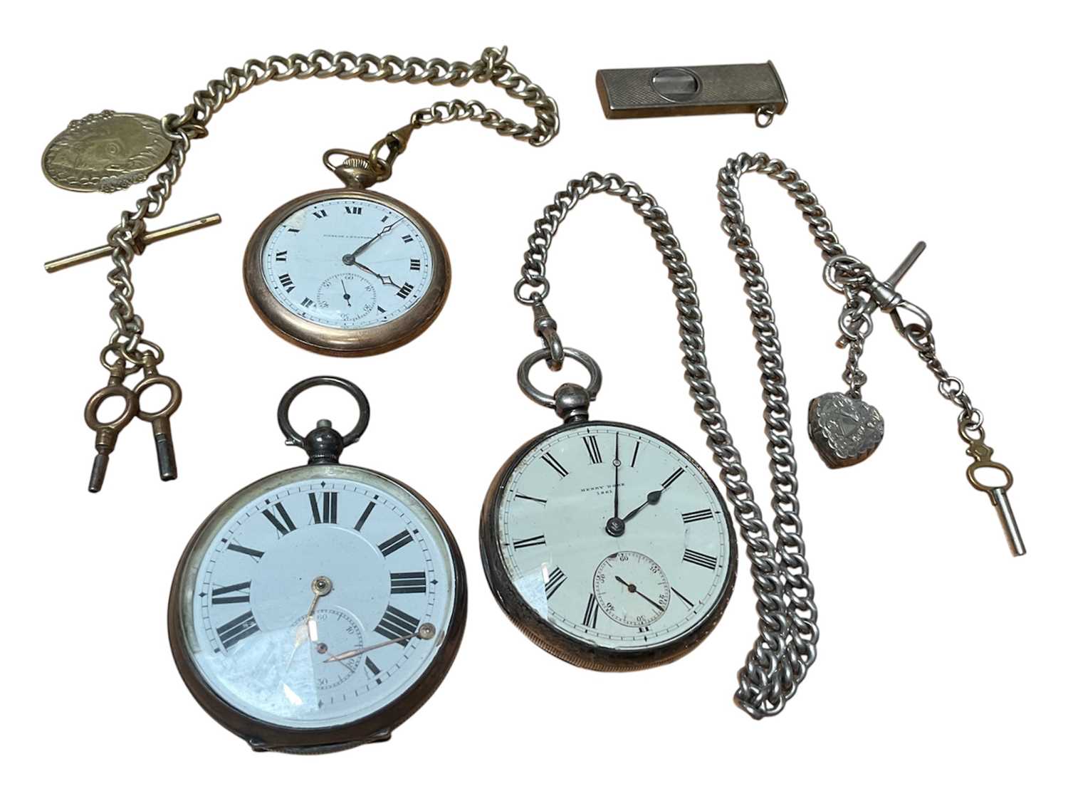 Lot 34 - Two Victorian silver pocket watches, silver watch chain, silver cigar cutter, and a gold plated pocket watch on chain