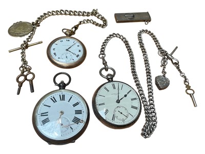 Lot 34 - Two Victorian silver pocket watches, silver watch chain, silver cigar cutter, and a gold plated pocket watch on chain