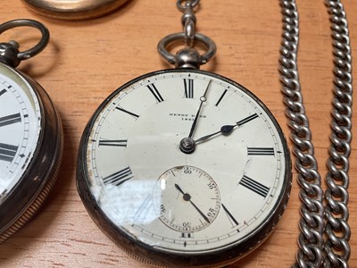 Lot 34 - Two Victorian silver pocket watches, silver watch chain, silver cigar cutter, and a gold plated pocket watch on chain