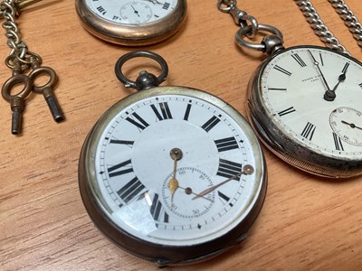 Lot 34 - Two Victorian silver pocket watches, silver watch chain, silver cigar cutter, and a gold plated pocket watch on chain