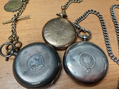 Lot 34 - Two Victorian silver pocket watches, silver watch chain, silver cigar cutter, and a gold plated pocket watch on chain
