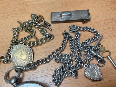 Lot 34 - Two Victorian silver pocket watches, silver watch chain, silver cigar cutter, and a gold plated pocket watch on chain