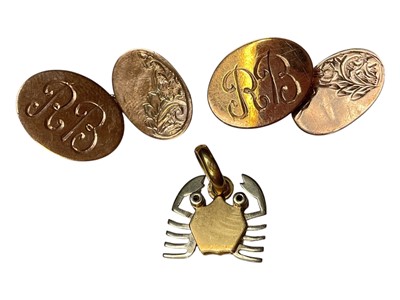 Lot 35 - Pair of 9ct rose gold cufflinks with engraved initials RB and a yellow and white metal crab pendant
