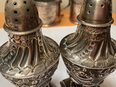 Lot 37 - Pair of Georgian style silver mustard pots, pair of Victorian silver salts and a pair of Victorian silver pepperettes