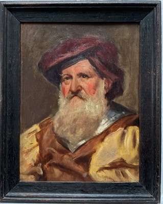 Lot 278 - Late 19th / Early 20th century English school oil on panel, portrait of a man in armour, traditionally said to be by John Everett Millais