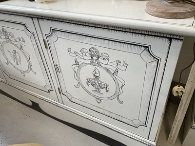 Lot 5369 - Highly decorative handmade and painted two height bookcase, with arched pediments and cupboards below, 180cm wide x 54cm deep x 295cm high