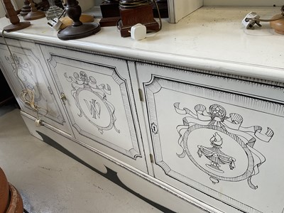 Lot 5369 - Highly decorative handmade and painted two height bookcase, with arched pediments and cupboards below, 180cm wide x 54cm deep x 295cm high