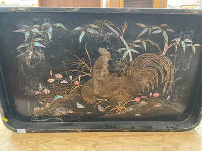 Lot 5375 - Late 19th century Japanese lacquered tray top table with cockerel decoration and mother o pearl decoration and Victorian papier-mâché mache tray (2)