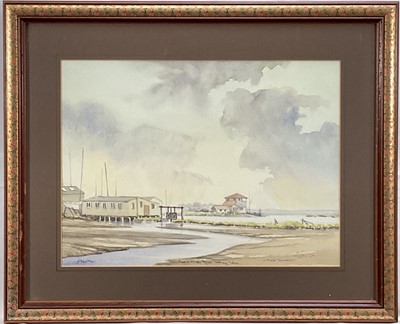 Lot 57 - Erik Velluci, watercolour, Walton-on-the-Naze, Yacht Club from boating lake 1994, signed and dated, 29cm x 39cm, glazed frame