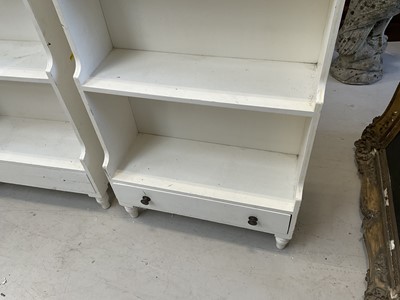 Lot 5373 - Pair of hand painted dwarf waterfall bookcases, with open graduated shelves and drawer below