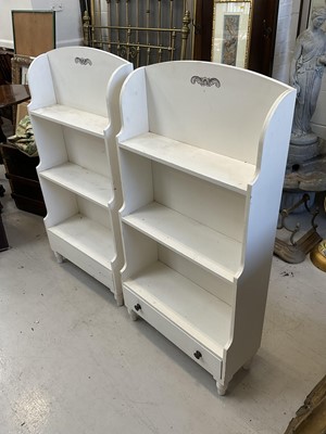 Lot 5373 - Pair of hand painted dwarf waterfall bookcases, with open graduated shelves and drawer below