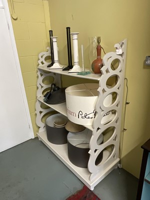 Lot 5374 - Modern painted open bookshelves with fret carved supports