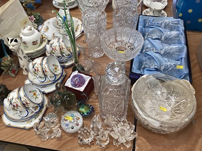 Lot 5207 - Collection of china, glass and ornaments to include Swarovski Crystal ornaments, paperweights, 1930s Aynsley tea set, cut glass vases, etc