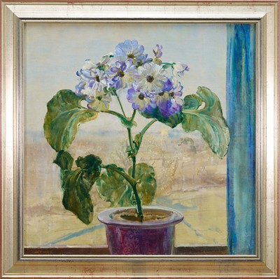 Lot 1034 - *Amy Millar Watt (1900-1956) oil on canvas laid on board - Cinararia on a windowsill, Dedham church beyond, signed, 51cm square, framed