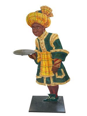 Lot 5163 - Stylish hand painted modern dummy board, in the form of a turbaned gentleman proffering a tray, painted to both faces