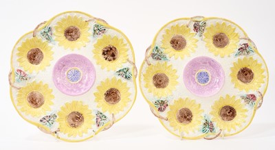 Lot 12 - Rare pair of Victorian pottery oyster plates decorated with sunflowers, possibly by Samuel Lear