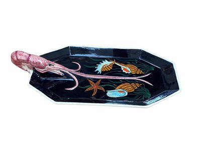 Lot 5213 - Unusual French Henriot Quimper pottery seafood platter with langoustine handle, signed St. Jean De Mont