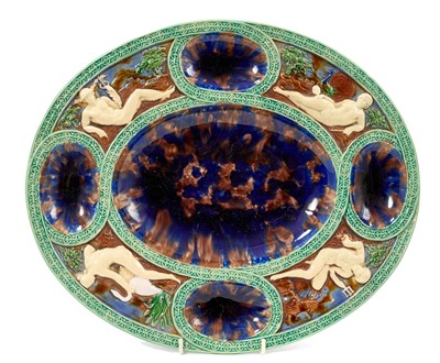 Lot 17 - Large Victorian majolica Palissy Renaissance seafood platter, possibly Minton, depicting the Roman gods Neptune