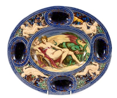 Lot 16 - Large Victorian majolica Palissy Renaissance seafood platter, possibly Minton, depicting Goddess of the sea