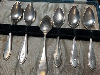 Lot 58 - Late 1950s silver three piece cruet set in fitted case, silver spoon and fork set in case, Victorian silver knife and fork set, set of six sterling teaspoons