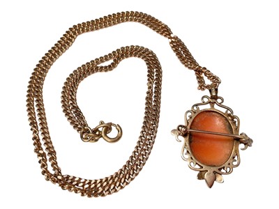 Lot 3 - 9ct gold mounted carved shell cameo pendant / brooch on 9ct gold chain, 58cm long