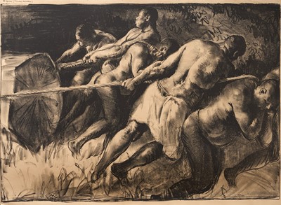 Lot 1150 - *Gerald Spencer Pryse (1882-1956) monochrome lithograph, Scenes of the Empire series 1924, Nigeria Timber Haulers, signed lower right and inscribed, 89cm x 125cm, unframed
