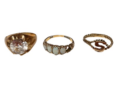 Lot 10 - 9ct gold single synthetic white stone ring, 9ct gold opal five stone ring (one stone missing) and a 9ct gold 'S' initial ring (3)