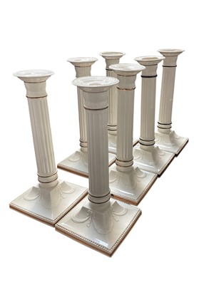 Lot 5151 - Seven large creamware candlestick table lamps, 16 inches high
