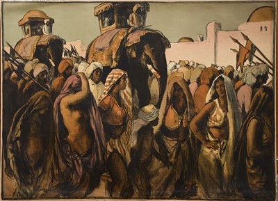 Lot 1154 - *Gerald Spencer Pryse (1882-1956) coloured lithograph, Scenes of the Empire series 1924, No. 4, signed, titled 'Festival in an Indian Native State', 92cm x 125cm, unframed