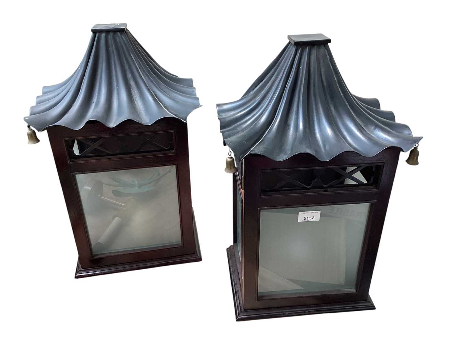 Lot 5152 - Pair of Georgian style 'Chinese' lantern wall lights with painted pagoda tops, frosted glazed panels, 51cm tall