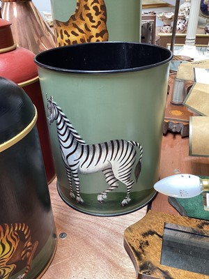Lot 5154 - Two tôleware hand painted table lamps in the form of tea canisters, a similar waste paper bin and umbrella stand (4)