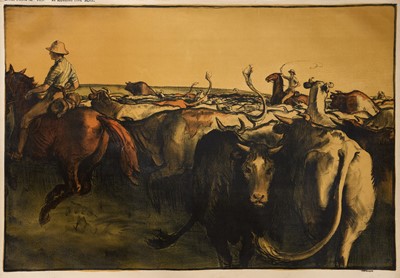 Lot 1156 - *Gerald Spencer Pryse (1882-1956) coloured lithograph, Scenes of the Empire series 1924, Australian Cattle station, signed and titled, 84cm x 123cm, unframed